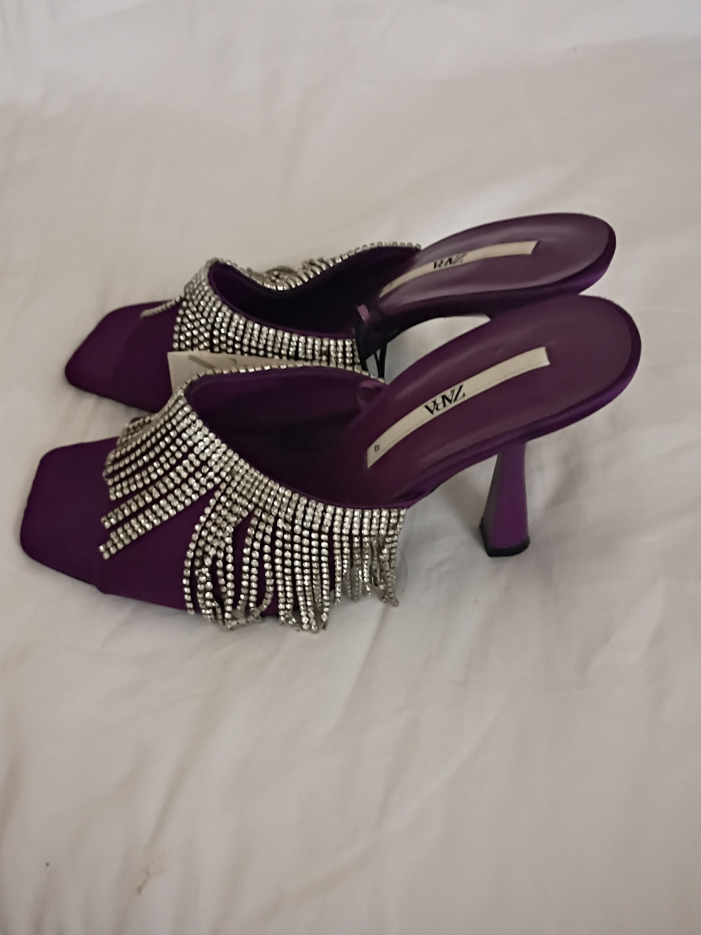 Zara Purple Crystal Fringe Stiletto Mules